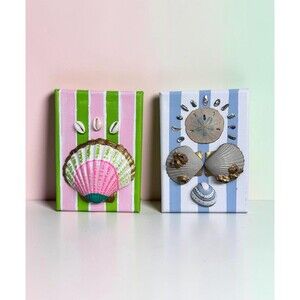 Set of 2 Preppy Beach Handpainted Shell Art Mini Canvas 5x7 Coastal Wall Decor